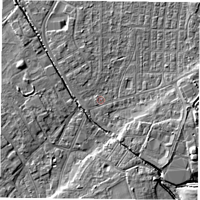 Shaded relief map of the ground around DN50RS, computed from Environment Agency LiDAR. The ground here sits at about 5 m above sea level and falls 9 m across the surrounding 800 m. Surface water reaching this point runs off ground lying to the north-north-west, 0.7 m higher.