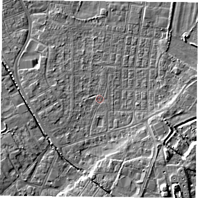 Shaded relief map of the ground around DN50RT, computed from Environment Agency LiDAR. The ground here sits at about 5 m above sea level and falls 9 m across the surrounding 800 m. Surface water reaching this point runs off ground lying to the west-south-west, 1.2 m higher.