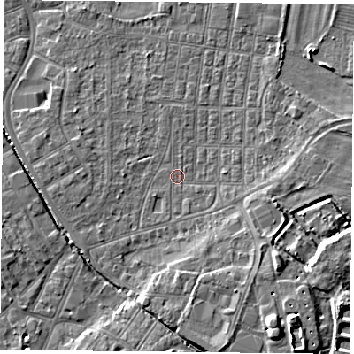 Shaded relief map of the ground around DN50RU, computed from Environment Agency LiDAR. The ground here sits at about 5 m above sea level and falls 10 m across the surrounding 800 m. Surface water reaching this point runs off ground lying to the south-south-east, 0.7 m higher.