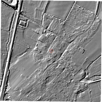 Shaded relief map of the ground around DN50RW, computed from Environment Agency LiDAR. The ground here sits at about 6 m above sea level and falls 6 m across the surrounding 800 m. Surface water reaching this point runs off ground lying to the south-south-east, 1.1 m higher.