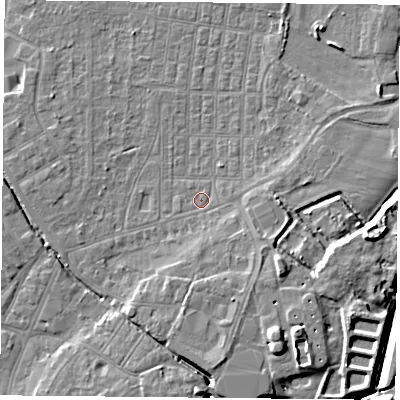 Shaded relief map of the ground around DN50RX, computed from Environment Agency LiDAR. The ground here sits at about 5 m above sea level and falls 9 m across the surrounding 800 m. Surface water reaching this point runs off ground lying to the south-east, 4.5 m higher.