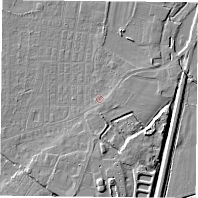 Shaded relief map of the ground around DN50RY, computed from Environment Agency LiDAR. The ground here sits at about 6 m above sea level and falls 9 m across the surrounding 800 m. Surface water reaching this point runs off ground lying to the east, 1.7 m higher.