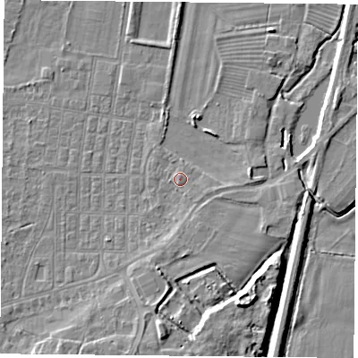 Shaded relief map of the ground around DN50RZ, computed from Environment Agency LiDAR. The ground here sits at about 6 m above sea level and falls 9 m across the surrounding 800 m. Surface water reaching this point runs off ground lying to the east-south-east, 1.1 m higher.