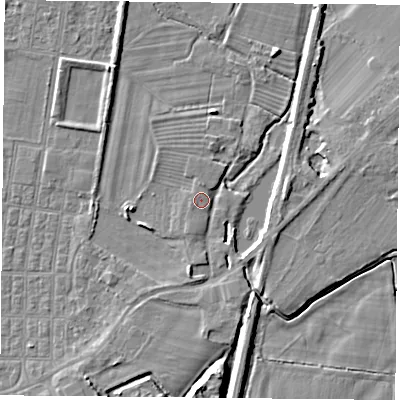 Shaded relief map of the ground around DN50SB, computed from Environment Agency LiDAR. The ground here sits at about 6 m above sea level and falls 8 m across the surrounding 800 m. Surface water reaching this point runs off ground lying to the north, 0.7 m higher.
