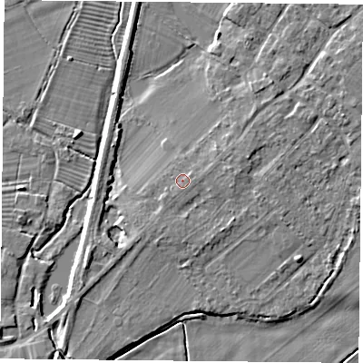 Shaded relief map of the ground around DN50SD, computed from Environment Agency LiDAR. The ground here sits at about 7 m above sea level and falls 5 m across the surrounding 800 m. Surface water reaching this point runs off ground lying to the south-east, 0.7 m higher.