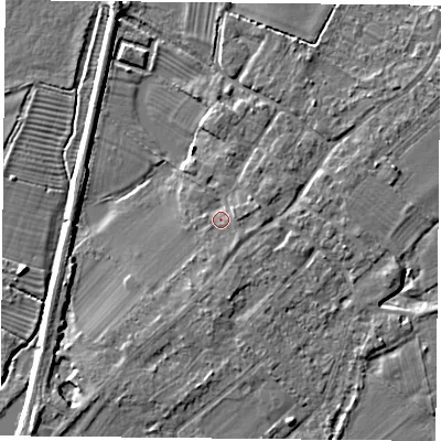 Shaded relief map of the ground around DN50SE, computed from Environment Agency LiDAR. The ground here sits at about 6 m above sea level and falls 5 m across the surrounding 800 m. Surface water reaching this point runs off ground lying to the east-north-east, 2.0 m higher.