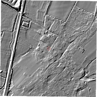 Shaded relief map of the ground around DN50SF, computed from Environment Agency LiDAR. The ground here sits at about 6 m above sea level and falls 6 m across the surrounding 800 m. Surface water reaching this point runs off ground lying to the south-east, 1.2 m higher.