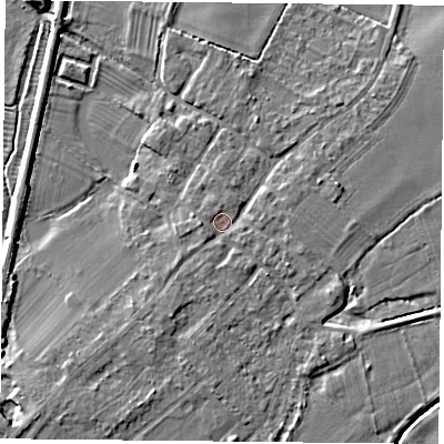 Shaded relief map of the ground around DN50SG, computed from Environment Agency LiDAR. The ground here sits at about 6 m above sea level and falls 6 m across the surrounding 800 m. Surface water reaching this point runs off ground lying to the south-south-west, 1.8 m higher.