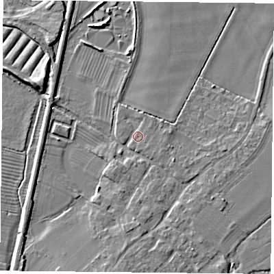 Shaded relief map of the ground around DN50SH, computed from Environment Agency LiDAR. The ground here sits at about 6 m above sea level and falls 7 m across the surrounding 800 m. Surface water reaching this point runs off ground lying to the south-east, 1.3 m higher.