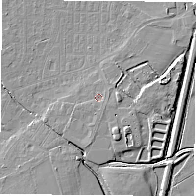 Shaded relief map of the ground around DN50SJ, computed from Environment Agency LiDAR. The ground here sits at about 7 m above sea level and falls 9 m across the surrounding 800 m. Surface water reaching this point runs off ground lying to the south, 1.3 m higher.