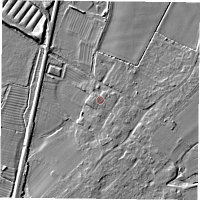 Shaded relief map of the ground around DN50SN, computed from Environment Agency LiDAR. The ground here sits at about 6 m above sea level and falls 7 m across the surrounding 800 m. Surface water reaching this point runs off ground lying to the west, 0.7 m higher.