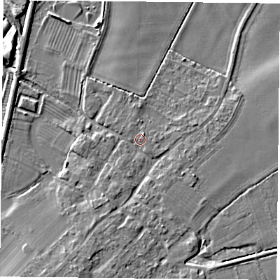 Shaded relief map of the ground around DN50SQ, computed from Environment Agency LiDAR. The ground here sits at about 6 m above sea level and falls 7 m across the surrounding 800 m. Surface water reaching this point runs off ground lying to the south-south-west, 2.2 m higher.