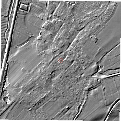 Shaded relief map of the ground around DN50SR, computed from Environment Agency LiDAR. The ground here sits at about 7 m above sea level and falls 4 m across the surrounding 800 m. Surface water reaching this point runs off ground lying to the east, 0.6 m higher.