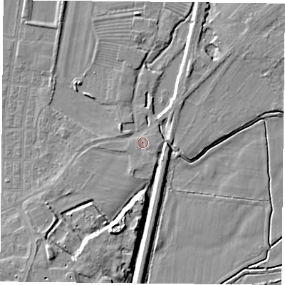 Shaded relief map of the ground around DN50ST, computed from Environment Agency LiDAR. The ground here sits at about 6 m above sea level and falls 9 m across the surrounding 800 m. Surface water reaching this point runs off ground lying to the south, 1.5 m higher.