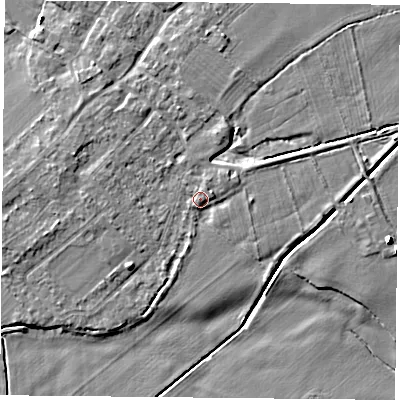 Shaded relief map of the ground around DN50SW, computed from Environment Agency LiDAR. The ground here sits at about 7 m above sea level and falls 7 m across the surrounding 800 m. Surface water reaching this point runs off ground lying to the west-north-west, 2.5 m higher.