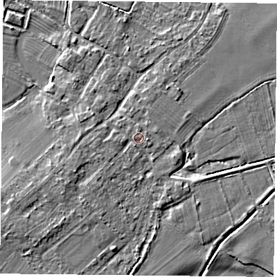 Shaded relief map of the ground around DN50SZ, computed from Environment Agency LiDAR. The ground here sits at about 7 m above sea level and falls 4 m across the surrounding 800 m. Surface water reaching this point runs off ground lying to the west-south-west, 2.0 m higher.