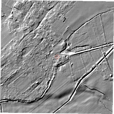 Shaded relief map of the ground around DN50TA, computed from Environment Agency LiDAR. The ground here sits at about 6 m above sea level and falls 7 m across the surrounding 800 m. Surface water reaching this point runs off ground lying to the south-south-east, 0.8 m higher.