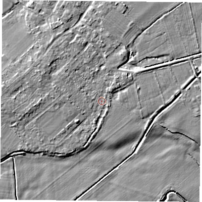 Shaded relief map of the ground around DN50TB, computed from Environment Agency LiDAR. The ground here sits at about 6 m above sea level and falls 5 m across the surrounding 800 m. Surface water reaching this point runs off ground lying to the north-west, 2.5 m higher.
