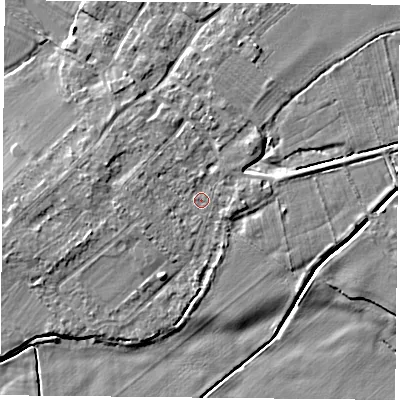 Shaded relief map of the ground around DN50TD, computed from Environment Agency LiDAR. The ground here sits at about 6 m above sea level and falls 5 m across the surrounding 800 m. Surface water reaching this point runs off ground lying to the west-north-west, 2.1 m higher.