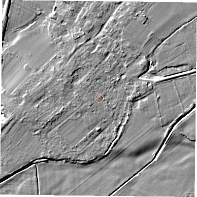 Shaded relief map of the ground around DN50TF, computed from Environment Agency LiDAR. The ground here sits at about 6 m above sea level and falls 4 m across the surrounding 800 m. Surface water reaching this point runs off ground lying to the north-west, 0.9 m higher.