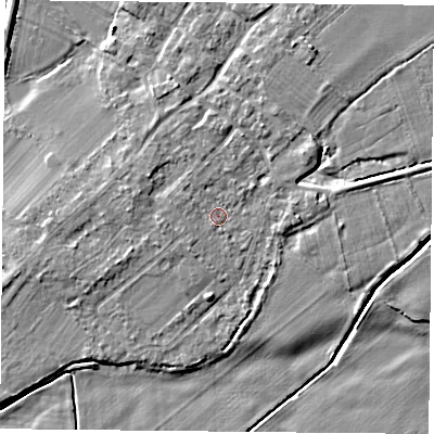 Shaded relief map of the ground around DN50TG, computed from Environment Agency LiDAR. The ground here sits at about 6 m above sea level and falls 4 m across the surrounding 800 m. Surface water reaching this point runs off ground lying to the west-north-west, 1.3 m higher.