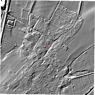 Shaded relief map of the ground around DN50TH, computed from Environment Agency LiDAR. The ground here sits at about 6 m above sea level and falls 7 m across the surrounding 800 m. Surface water reaching this point runs off ground lying to the south-south-west, 2.2 m higher.