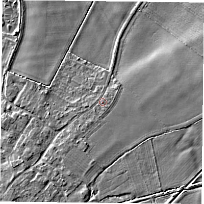 Shaded relief map of the ground around DN50TL, computed from Environment Agency LiDAR. The ground here sits at about 6 m above sea level and falls 5 m across the surrounding 800 m. Surface water reaching this point runs off ground lying to the south-south-west, 1.0 m higher.