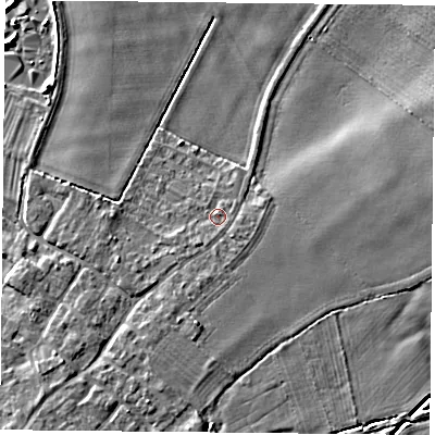 Shaded relief map of the ground around DN50TN, computed from Environment Agency LiDAR. The ground here sits at about 6 m above sea level and falls 5 m across the surrounding 800 m. Surface water reaching this point runs off ground lying to the east-south-east, 0.8 m higher.