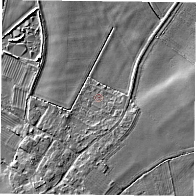 Shaded relief map of the ground around DN50TP, computed from Environment Agency LiDAR. The ground here sits at about 5 m above sea level and falls 7 m across the surrounding 800 m. Surface water reaching this point runs off ground lying to the south-south-east, 1.7 m higher.