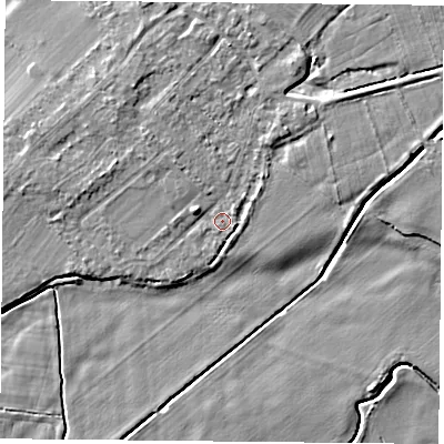 Shaded relief map of the ground around DN50TS, computed from Environment Agency LiDAR. The ground here sits at about 6 m above sea level and falls 5 m across the surrounding 800 m. Surface water reaching this point runs off ground lying to the north-east, 1.4 m higher.