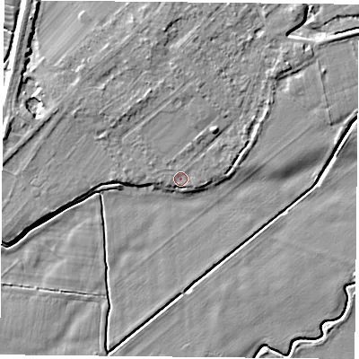 Shaded relief map of the ground around DN50TU, computed from Environment Agency LiDAR. The ground here sits at about 6 m above sea level and falls 5 m across the surrounding 800 m. Surface water reaching this point runs off ground lying to the north-north-west, 2.6 m higher.