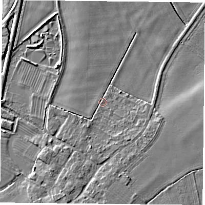 Shaded relief map of the ground around DN50TW, computed from Environment Agency LiDAR. The ground here sits at about 5 m above sea level and falls 7 m across the surrounding 800 m. Surface water reaching this point runs off ground lying to the south-south-west, 1.7 m higher.