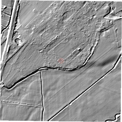 Shaded relief map of the ground around DN50TX, computed from Environment Agency LiDAR. The ground here sits at about 6 m above sea level and falls 5 m across the surrounding 800 m. Surface water reaching this point runs off ground lying to the north, 1.8 m higher.