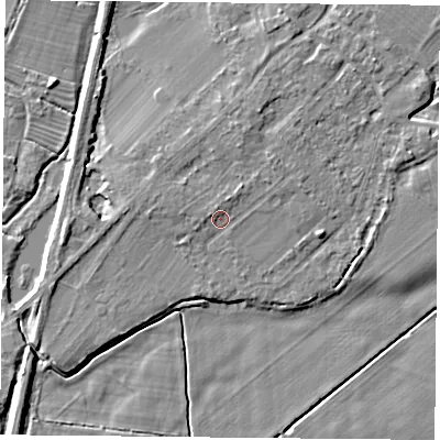 Shaded relief map of the ground around DN50TY, computed from Environment Agency LiDAR. The ground here sits at about 7 m above sea level and falls 5 m across the surrounding 800 m. Surface water reaching this point runs off ground lying to the north, 1.5 m higher.