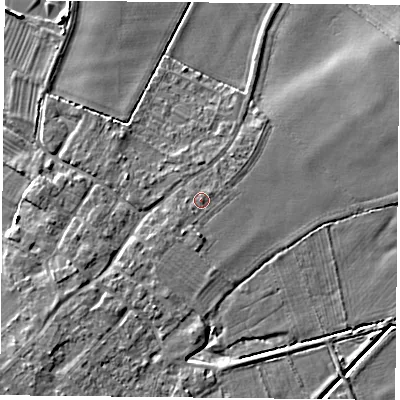 Shaded relief map of the ground around DN50TZ, computed from Environment Agency LiDAR. The ground here sits at about 6 m above sea level and falls 5 m across the surrounding 800 m. Surface water reaching this point runs off ground lying to the south-south-west, 0.6 m higher.