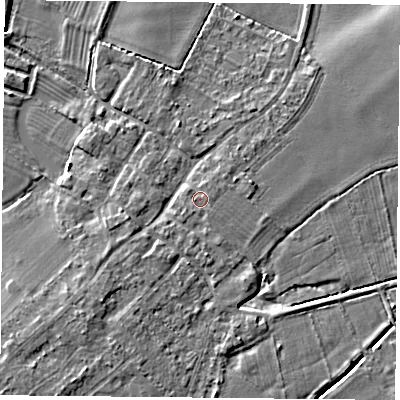 Shaded relief map of the ground around DN50UB, computed from Environment Agency LiDAR. The ground here sits at about 6 m above sea level and falls 4 m across the surrounding 800 m. Surface water reaching this point runs off ground lying to the east-north-east, 0.7 m higher.