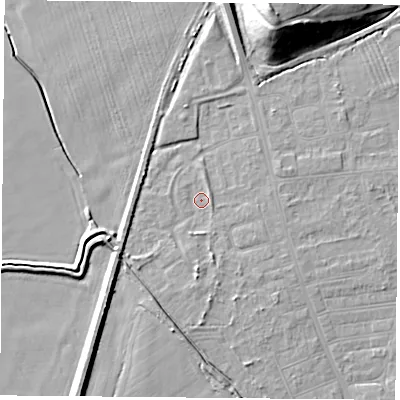 Shaded relief map of the ground around DN50UE, computed from Environment Agency LiDAR. The ground here sits at about 5 m above sea level and falls 19 m across the surrounding 800 m. Surface water reaching this point runs off ground lying to the south, 2.2 m higher.