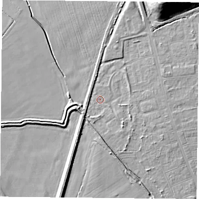 Shaded relief map of the ground around DN50UF, computed from Environment Agency LiDAR. The ground here sits at about 5 m above sea level and falls 17 m across the surrounding 800 m. Surface water reaching this point runs off ground lying to the south-east, 2.4 m higher.
