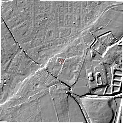 Shaded relief map of the ground around DN50UG, computed from Environment Agency LiDAR. The ground here sits at about 7 m above sea level and falls 11 m across the surrounding 800 m. The ground contributing surface water to this point lies to the east.