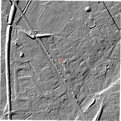 Shaded relief map of the ground around DN50UH, computed from Environment Agency LiDAR. The ground here sits at about 6 m above sea level and falls 12 m across the surrounding 800 m. Surface water reaching this point runs off ground lying to the west, 1.8 m higher.