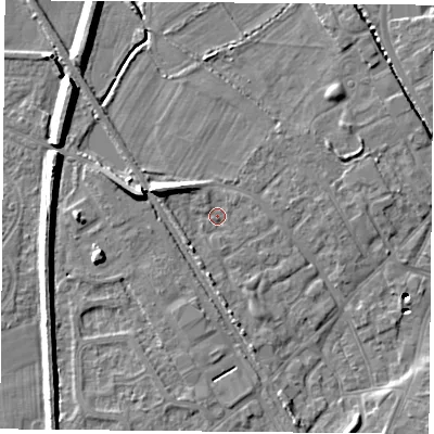 Shaded relief map of the ground around DN50UJ, computed from Environment Agency LiDAR. The ground here sits at about 6 m above sea level and falls 10 m across the surrounding 800 m. Surface water reaching this point runs off ground lying to the west-north-west, 4.9 m higher.