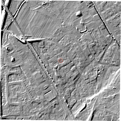 Shaded relief map of the ground around DN50UL, computed from Environment Agency LiDAR. The ground here sits at about 6 m above sea level and falls 10 m across the surrounding 800 m. Surface water reaching this point runs off ground lying to the west-south-west, 1.8 m higher.