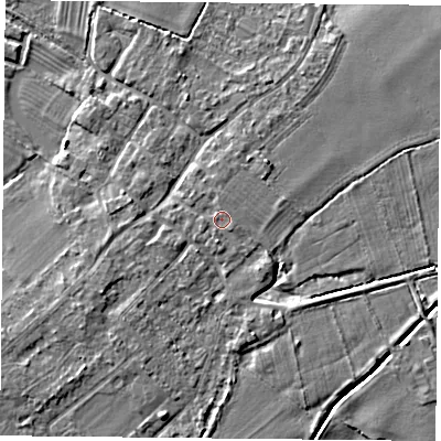 Shaded relief map of the ground around DN50UP, computed from Environment Agency LiDAR. The ground here sits at about 7 m above sea level and falls 4 m across the surrounding 800 m. Surface water reaching this point runs off ground lying to the west, 0.7 m higher.