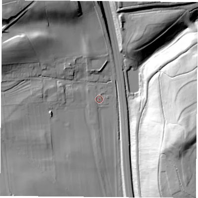 Shaded relief map of the ground around DN57DY, computed from Environment Agency LiDAR. The ground here sits at about 27 m above sea level and falls 54 m across the surrounding 800 m. Surface water reaching this point runs off ground lying to the south-west, 3.1 m higher.