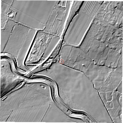 Shaded relief map of the ground around DN57FR, computed from Environment Agency LiDAR. The ground here sits at about 15 m above sea level and falls 19 m across the surrounding 800 m. Surface water reaching this point runs off ground lying to the north-east, 12.3 m higher.