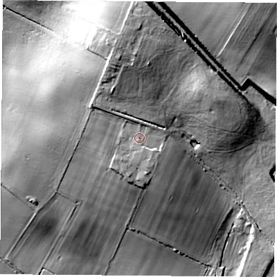 Shaded relief map of the ground around DN57HS, computed from Environment Agency LiDAR. The ground here sits at about 35 m above sea level and falls 36 m across the surrounding 800 m. Surface water reaching this point runs off ground lying to the north, 1.4 m higher.