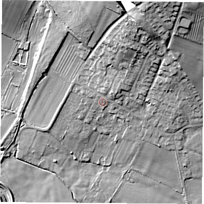 Shaded relief map of the ground around DN57HT, computed from Environment Agency LiDAR. The ground here sits at about 21 m above sea level and falls 33 m across the surrounding 800 m. Surface water reaching this point runs off ground lying to the north-north-east, 16.0 m higher.