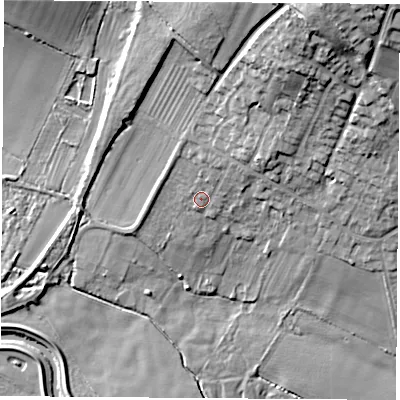 Shaded relief map of the ground around DN57HX, computed from Environment Agency LiDAR. The ground here sits at about 18 m above sea level and falls 30 m across the surrounding 800 m. Surface water reaching this point runs off ground lying to the north-north-east, 20.9 m higher.