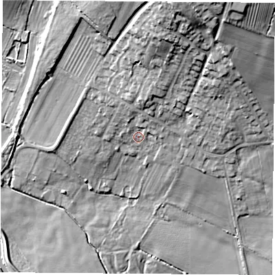 Shaded relief map of the ground around DN57HY, computed from Environment Agency LiDAR. The ground here sits at about 18 m above sea level and falls 30 m across the surrounding 800 m. Surface water reaching this point runs off ground lying to the north, 7.1 m higher.