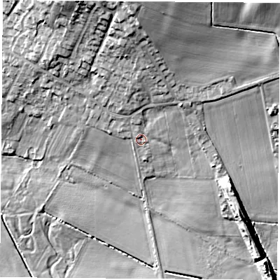 Shaded relief map of the ground around DN57JE, computed from Environment Agency LiDAR. The ground here sits at about 17 m above sea level and falls 24 m across the surrounding 800 m. Surface water reaching this point runs off ground lying to the north, 16.7 m higher.